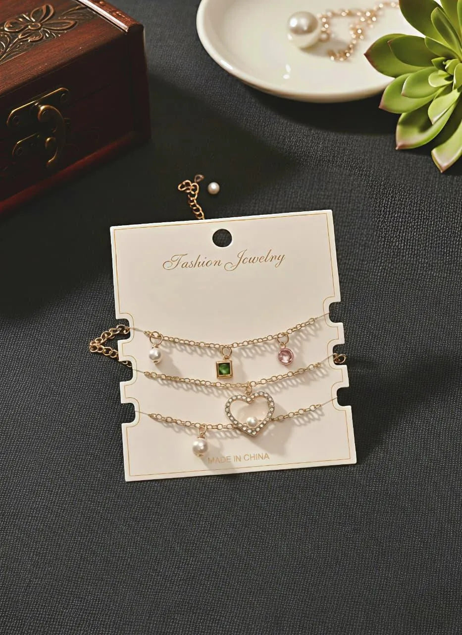 Gold Plated Crystal Anklets for Women 3 Pcs Wedding Party Wear