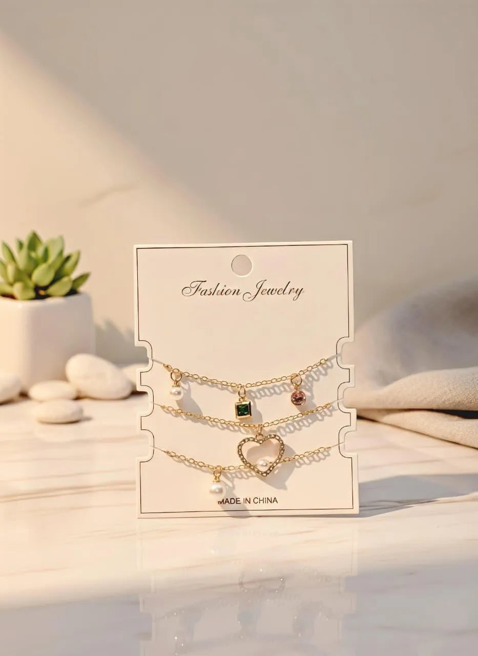 Gold Plated Crystal Anklets for Women 3 Pcs Wedding Party Wear