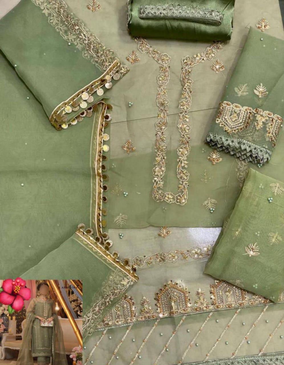 Green Organza Embroidered 3 Pcs Women Suit
