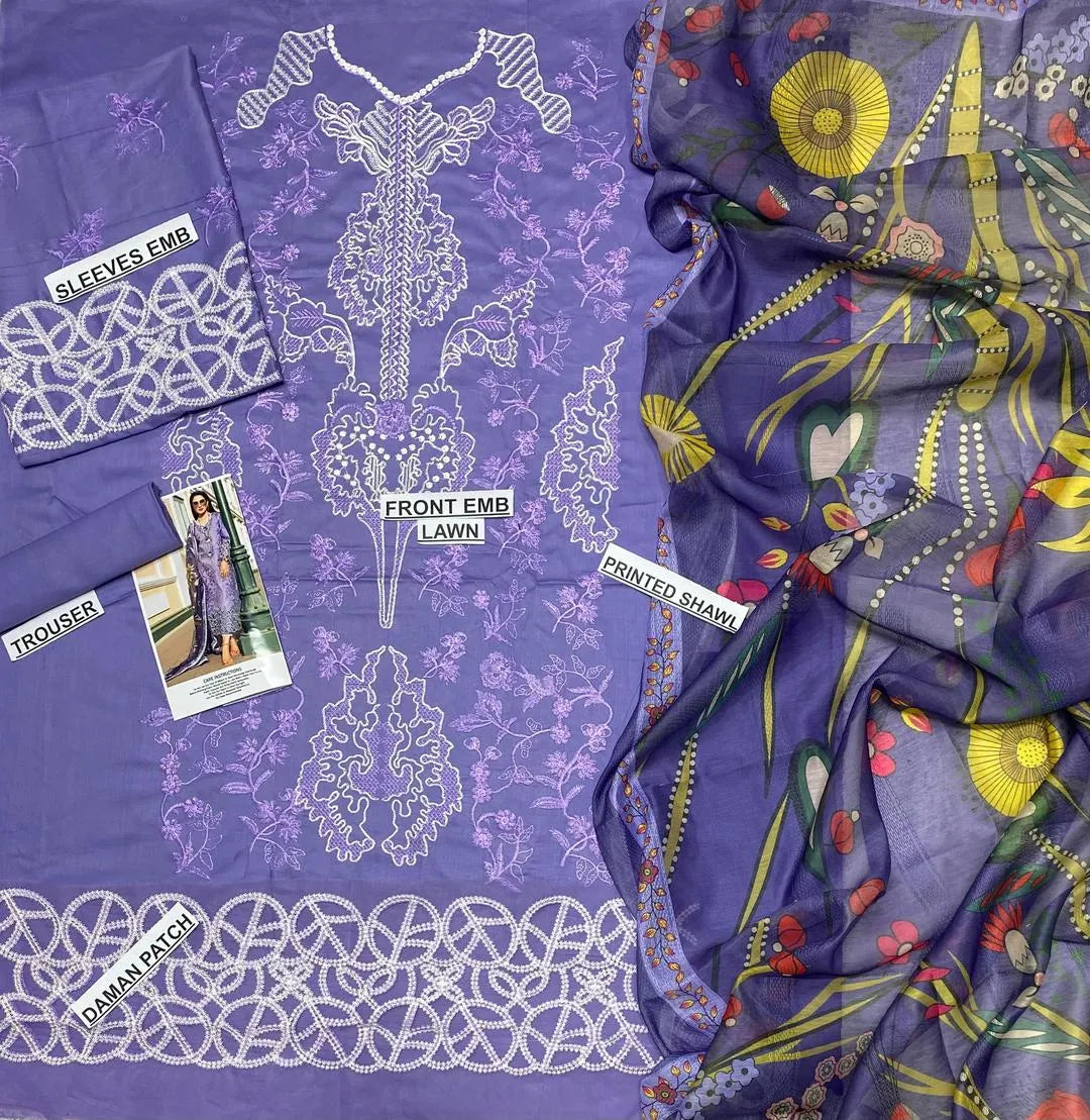 Purple Embroidered 3 Pcs Lawn Suit for Women