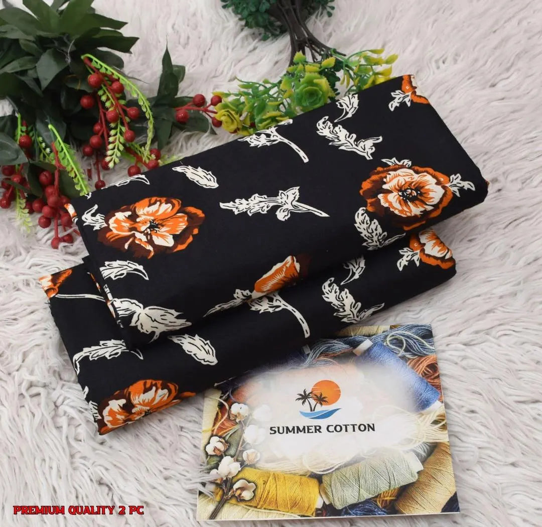 2 Pcs Women Printed Cotton Suit Black