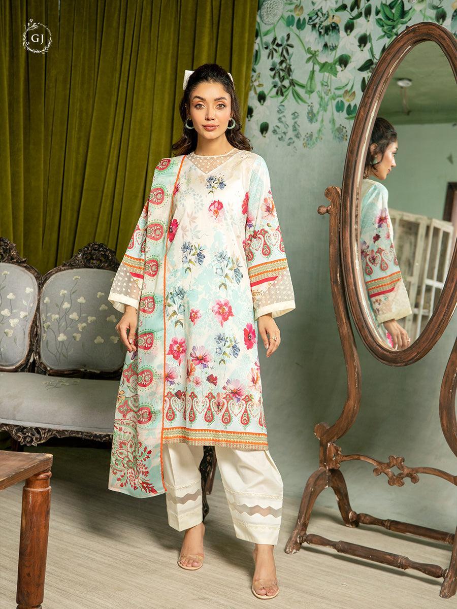 Women Lawn Chikankari Suit White 3 Pcs Set