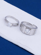 Silver Plated Crystal Couple Rings Set of 2 Adjustable