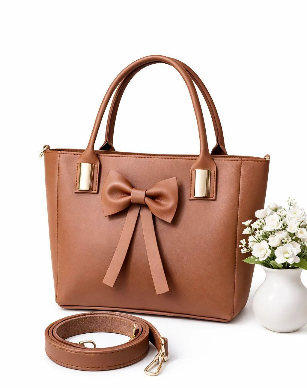 Women's Mustard Leather Shoulder Bag with Bowknot Design