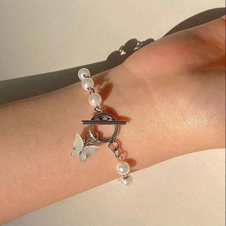 Butterfly Pearl Bracelet Silver Plated Adjustable for Women