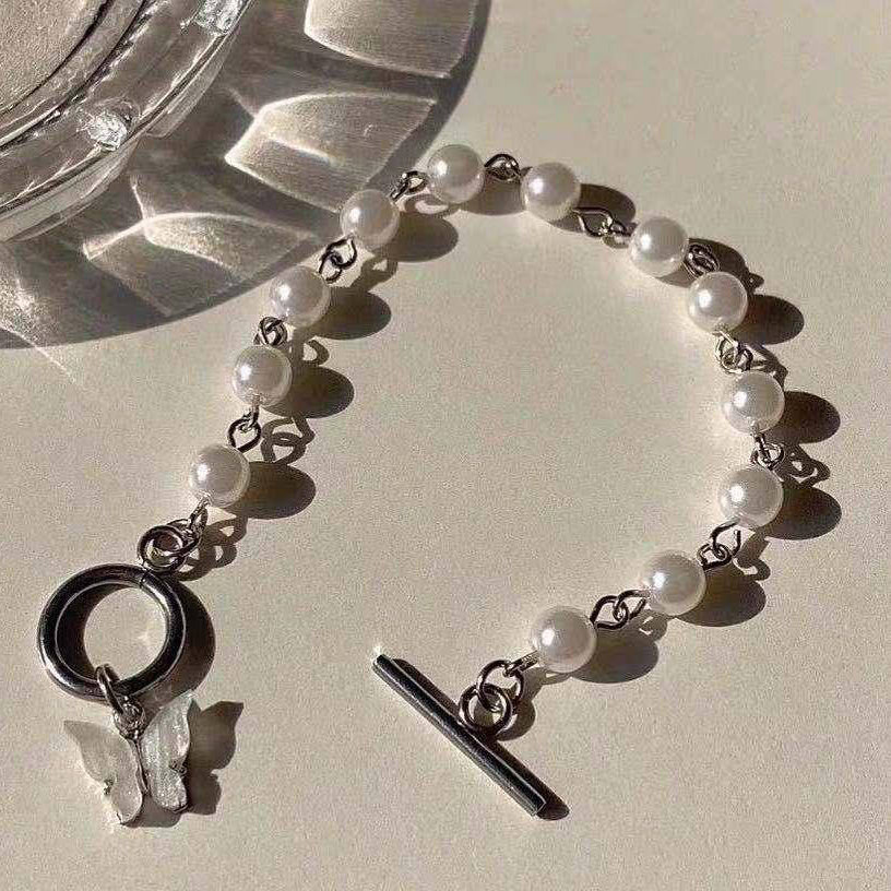 Butterfly Pearl Bracelet Silver Plated Adjustable for Women