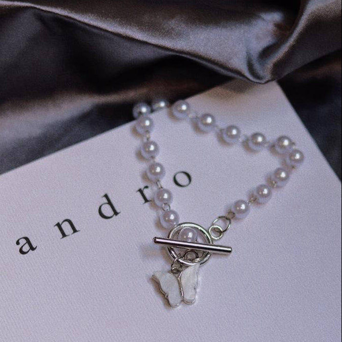 Butterfly Pearl Bracelet Silver Plated Adjustable for Women