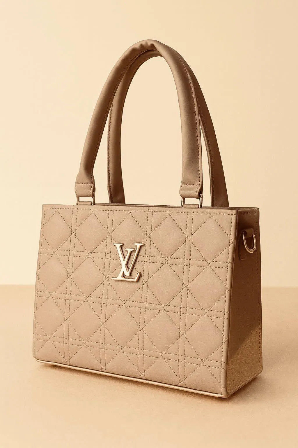 Beige Quilted PU Shoulder Bag for Women