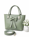Green Leather Shoulder Bag with Bow Knot for Women