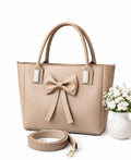 Beige Leather Shoulder Bag with Bow Design for Women