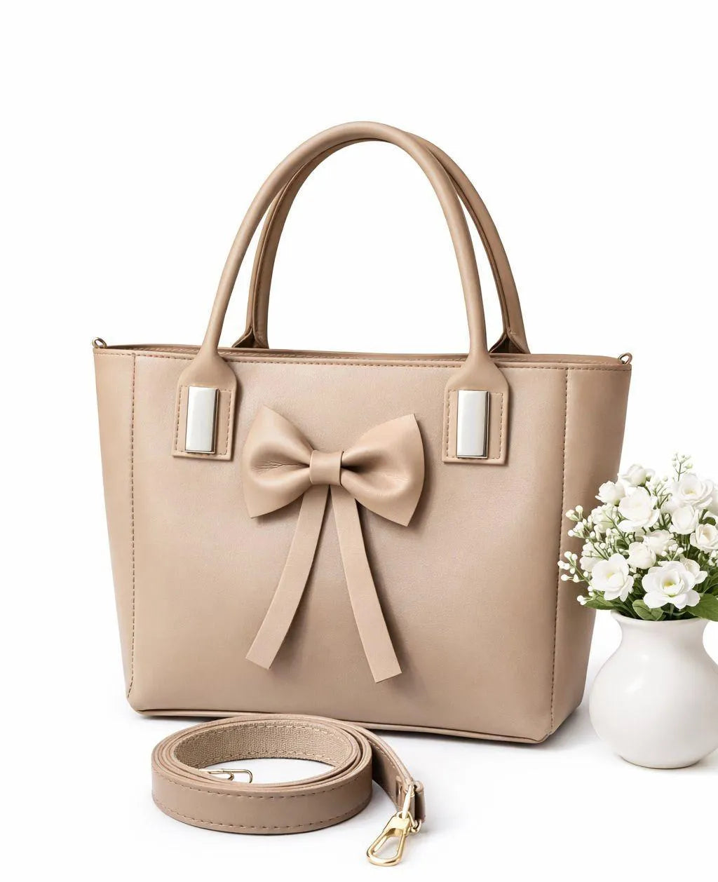 Beige Leather Shoulder Bag with Bow Design for Women