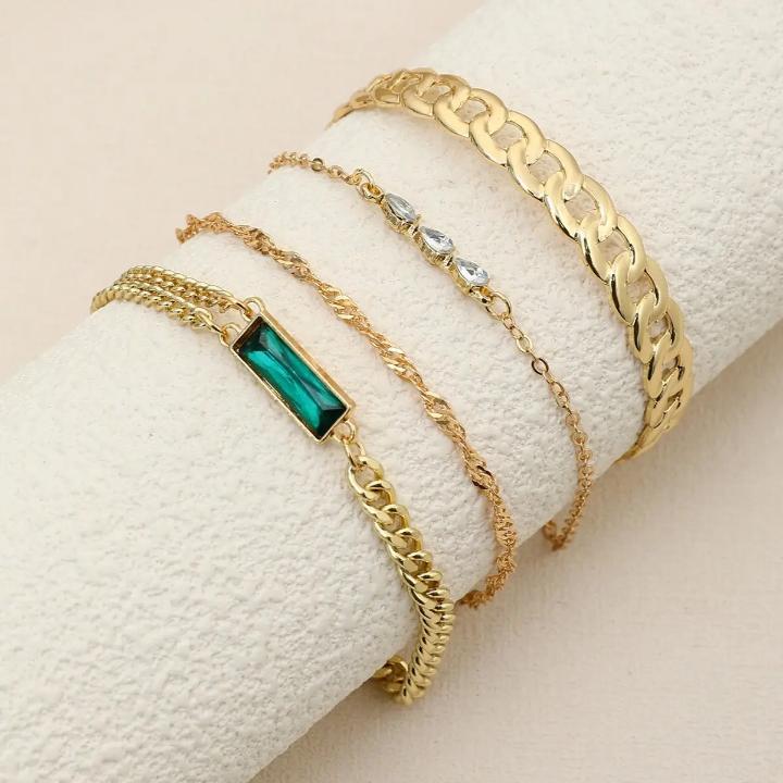 4 Pcs Gold Plated Green Crystal Charm Bracelet Set for Women