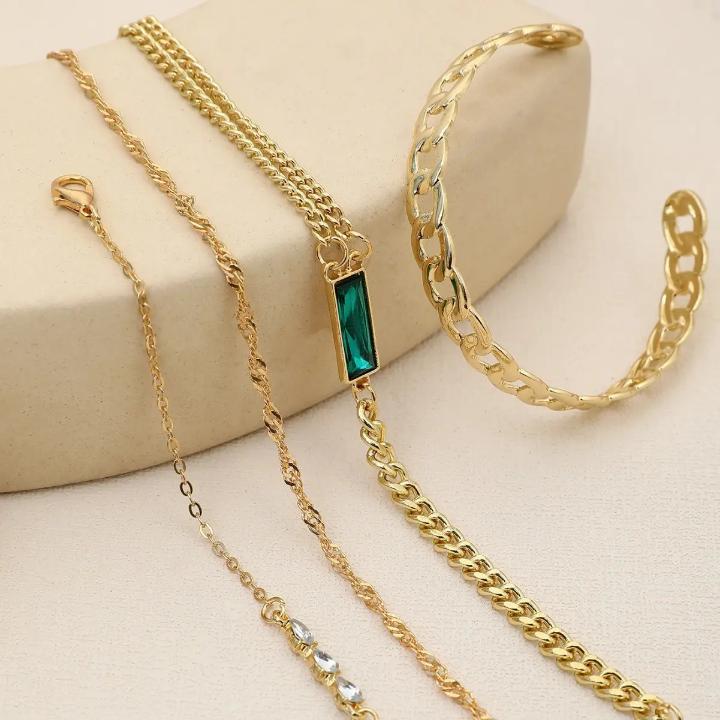 4 Pcs Gold Plated Green Crystal Charm Bracelet Set for Women