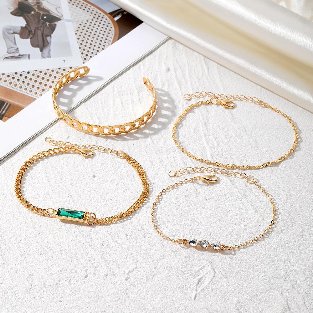 4 Pcs Gold Plated Green Crystal Charm Bracelet Set for Women