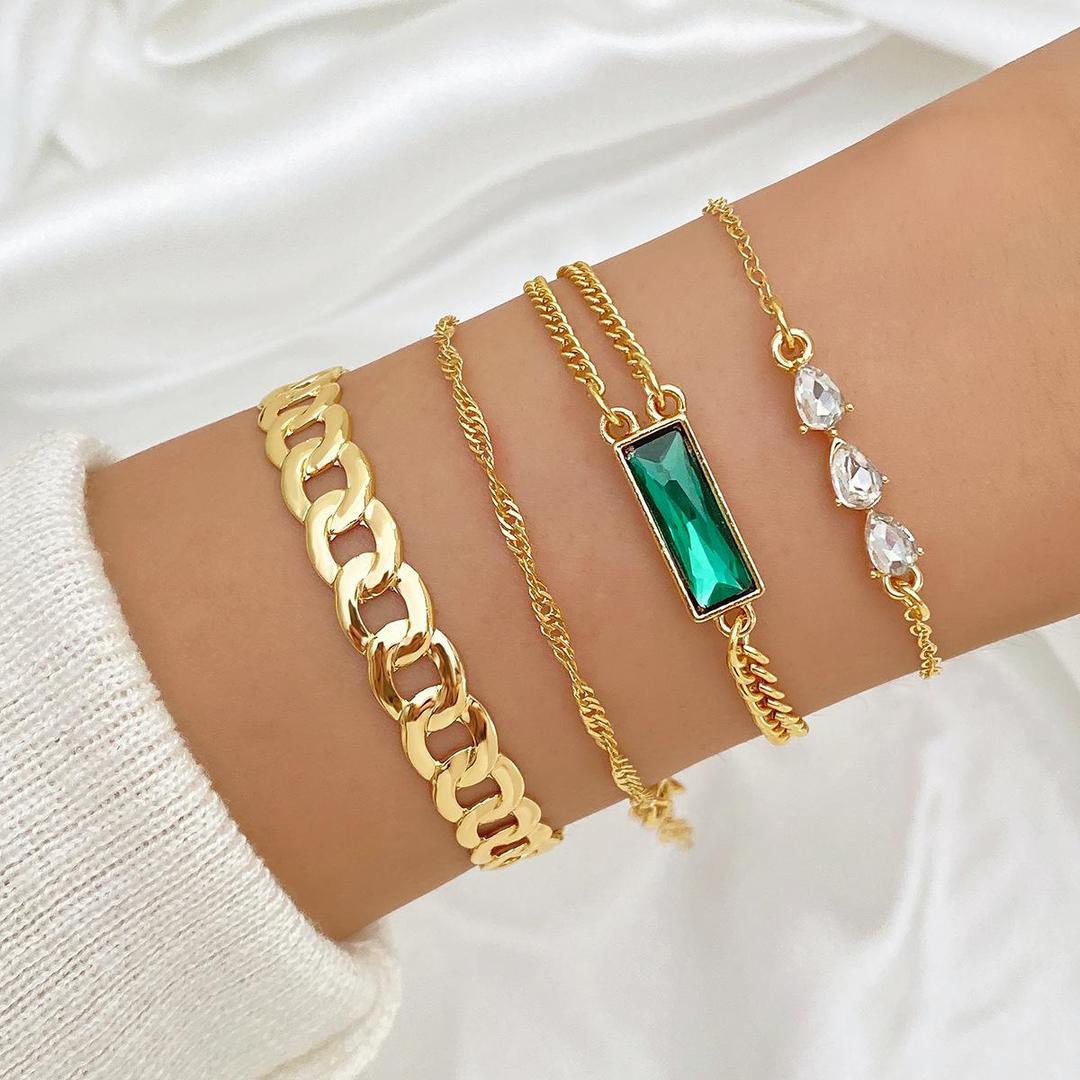 4 Pcs Gold Plated Green Crystal Charm Bracelet Set for Women