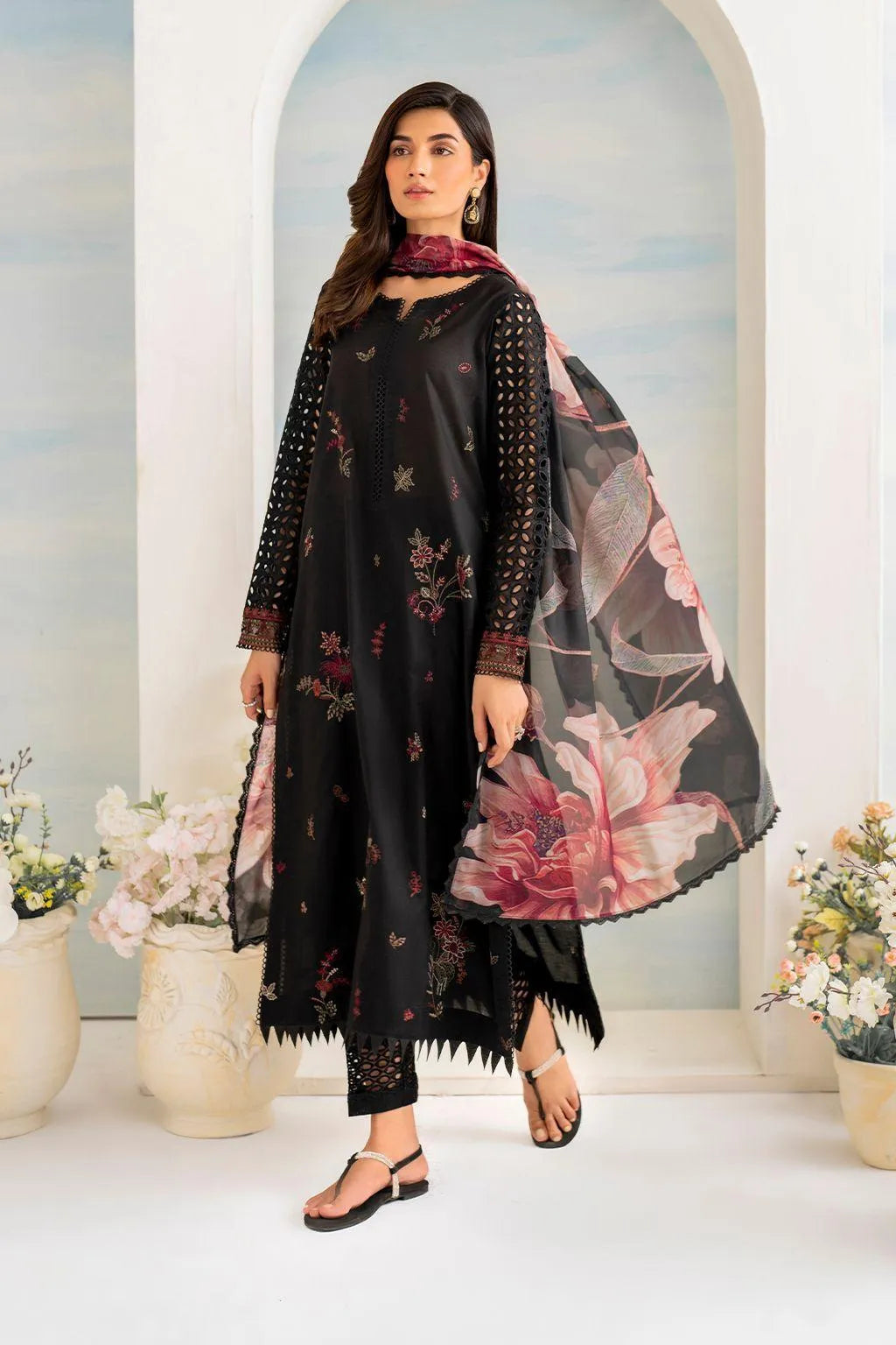 Black Embroidered Lawn 3-Piece Women Suit with Floral Dupatta