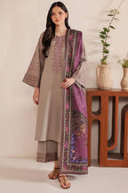 3 Pcs Women's Beige Embroidered Lawn Suit with Purple Dupatta