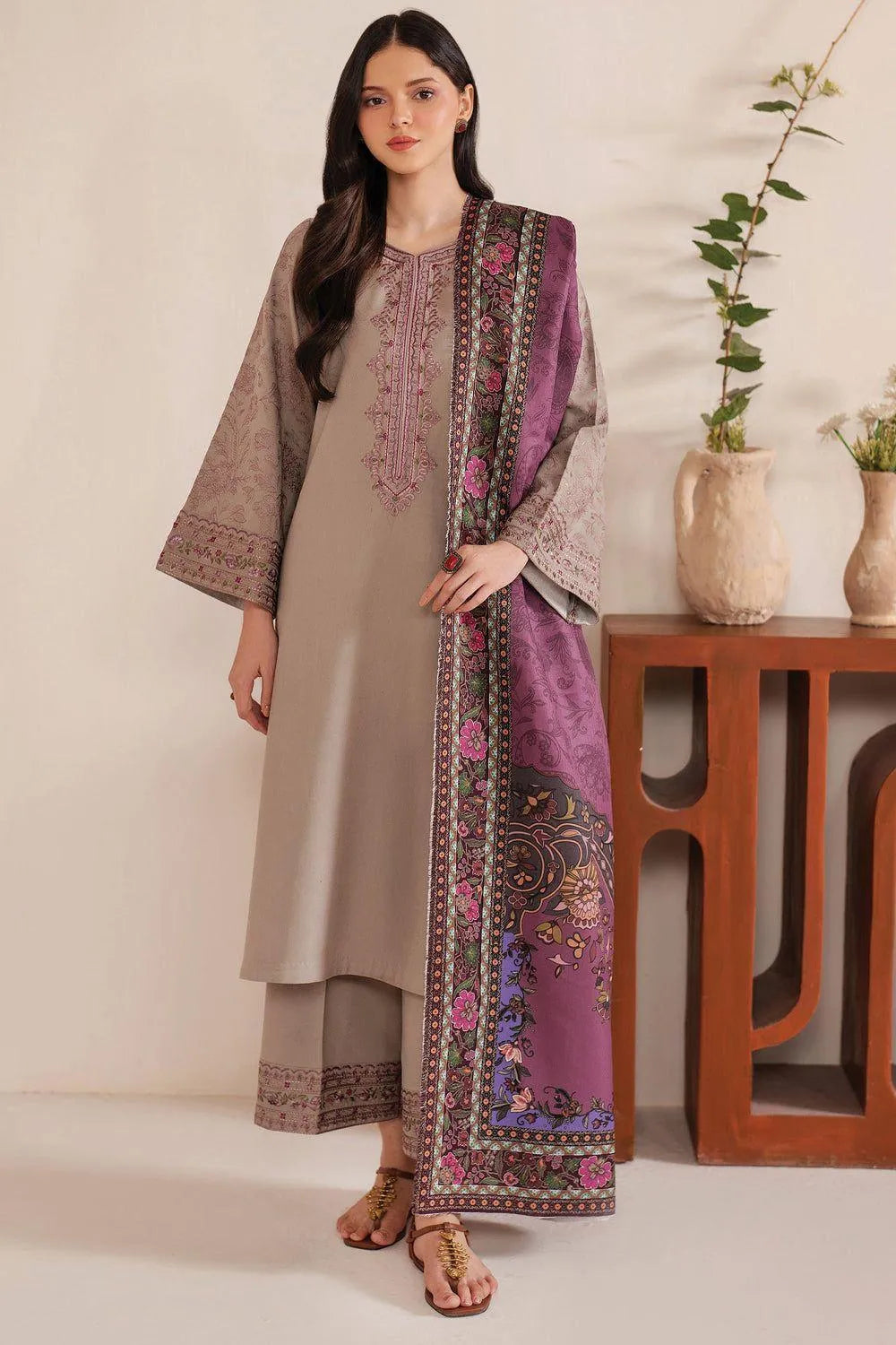 3 Pcs Women's Beige Embroidered Lawn Suit with Purple Dupatta