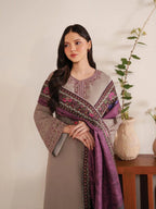 3 Pcs Women's Beige Embroidered Lawn Suit with Purple Dupatta