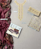 3 Pcs Women's Beige Embroidered Lawn Suit with Purple Dupatta