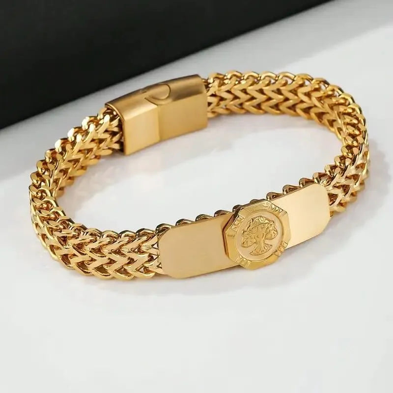 Golden Stainless Steel Men's Chain Bracelet with Unique Tree Emblem