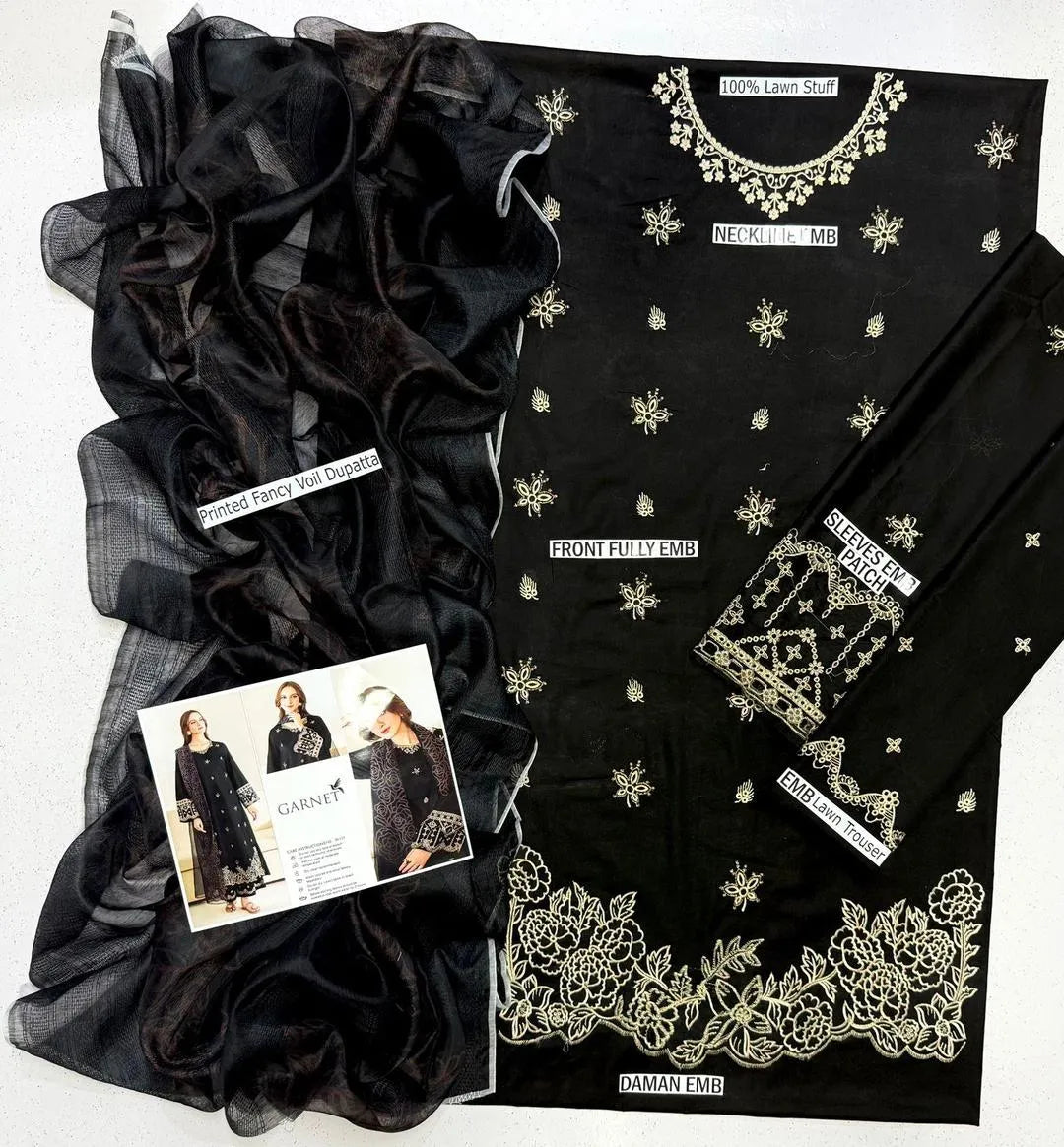 3Pcs Unstitched Embroidered Suit