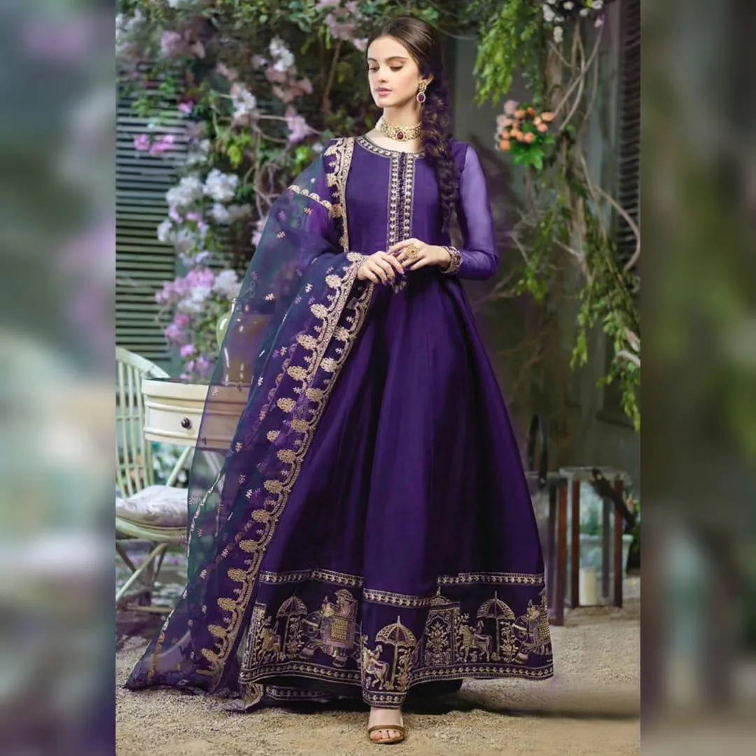 Purple Embroidered Chiffon 3Pcs