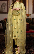 Yellow Embroidered 3Pcs Silk Suit for Women