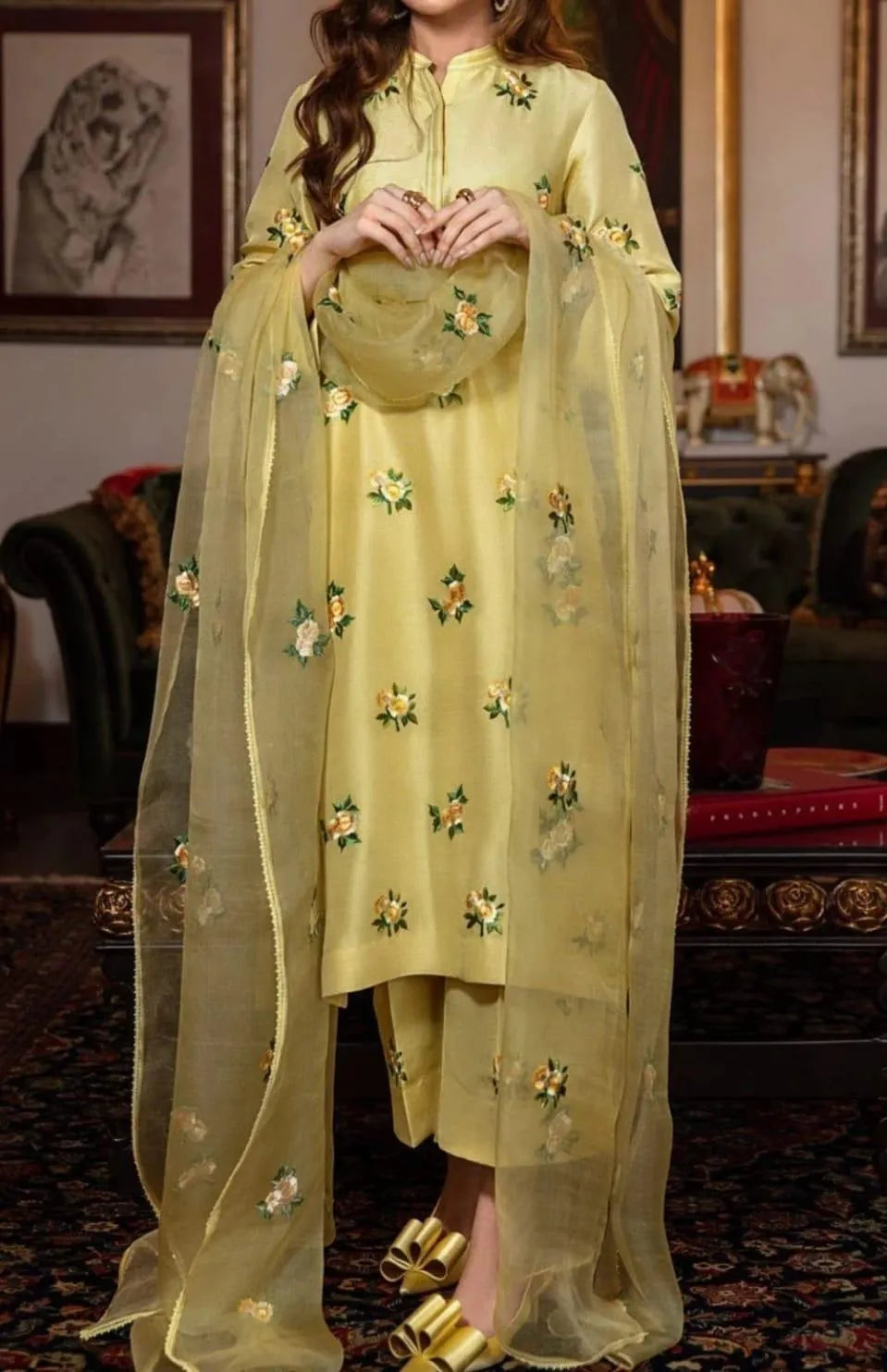 Yellow Embroidered 3Pcs Silk Suit for Women