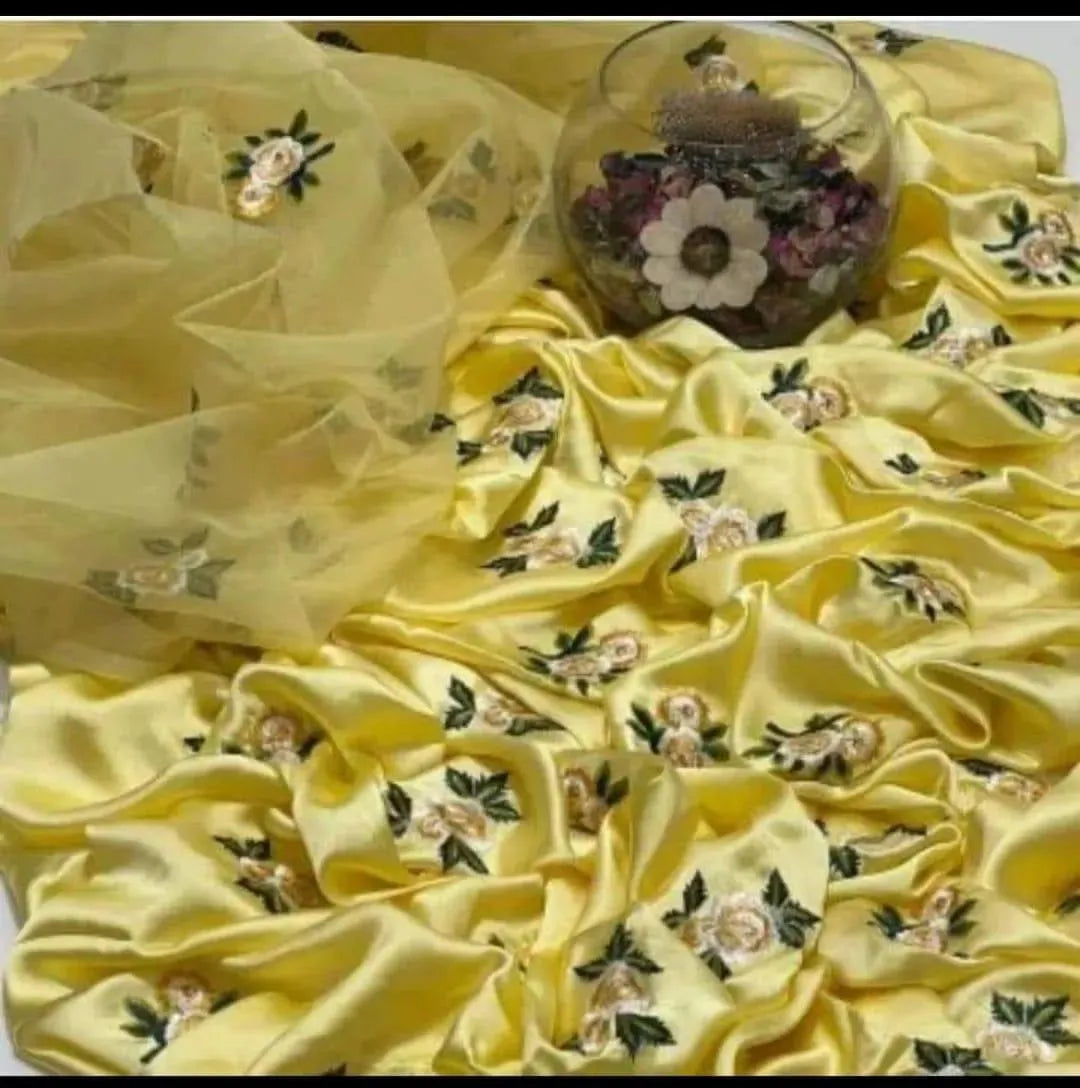 Yellow Embroidered 3Pcs Silk Suit for Women
