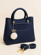 Blue Signature Women's Leather Shoulder Bag with Pom Pom Charm