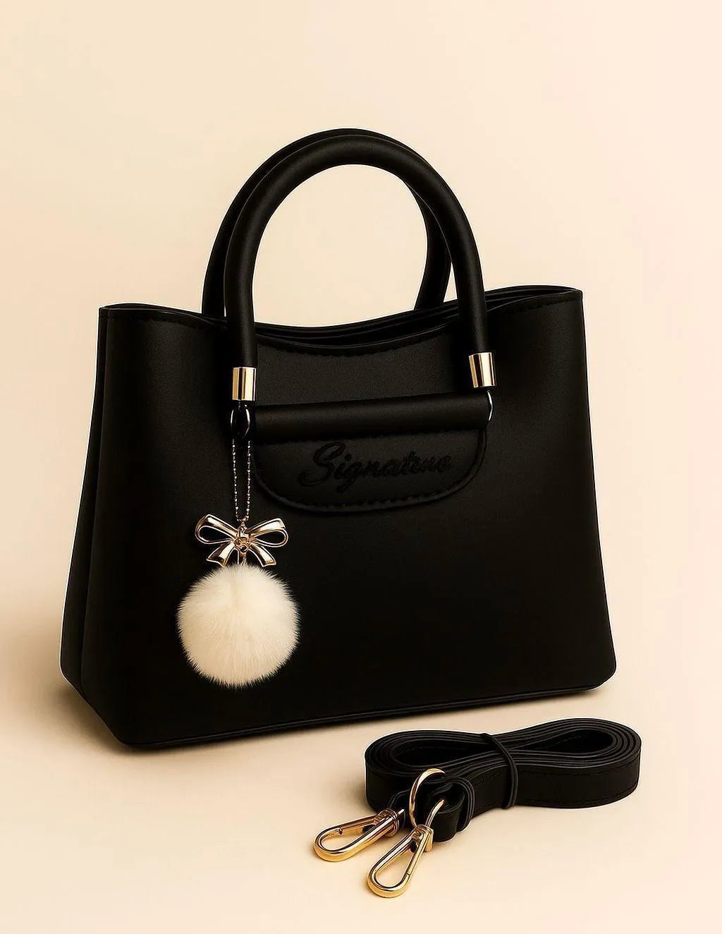 Blue Signature Women's Leather Shoulder Bag with Pom Pom Charm