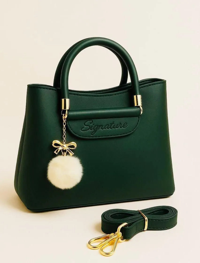 Blue Signature Women's Leather Shoulder Bag with Pom Pom Charm