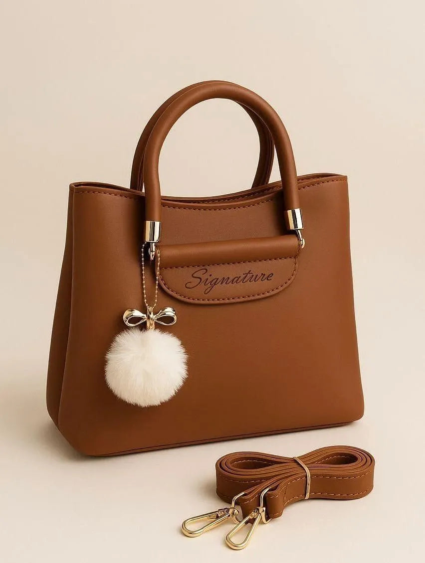 Blue Signature Women's Leather Shoulder Bag with Pom Pom Charm