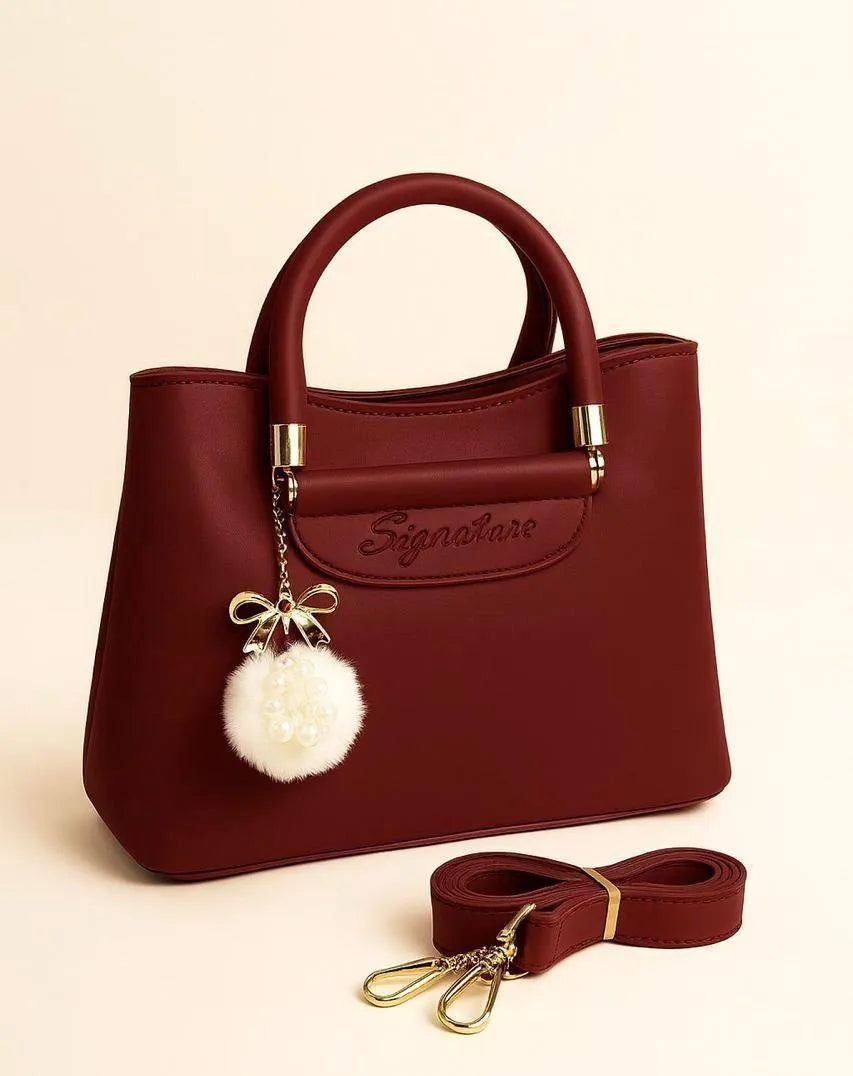 Blue Signature Women's Leather Shoulder Bag with Pom Pom Charm