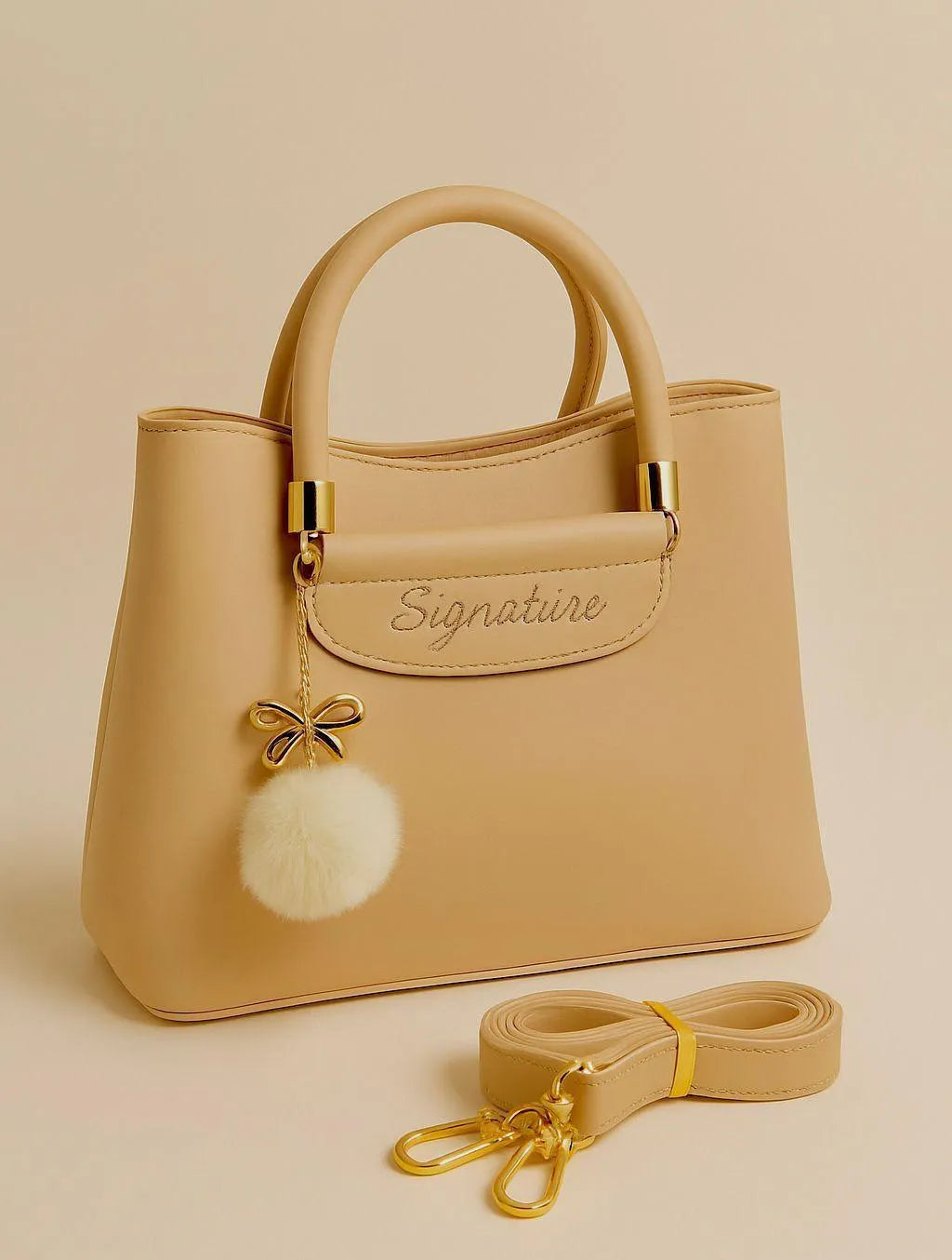 Blue Signature Women's Leather Shoulder Bag with Pom Pom Charm