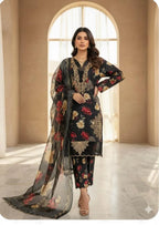 Black Printed Dobby Lawn 3Pcs Women Suit with Chiffon Dupatta