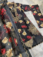 Black Printed Dobby Lawn 3Pcs Women Suit with Chiffon Dupatta