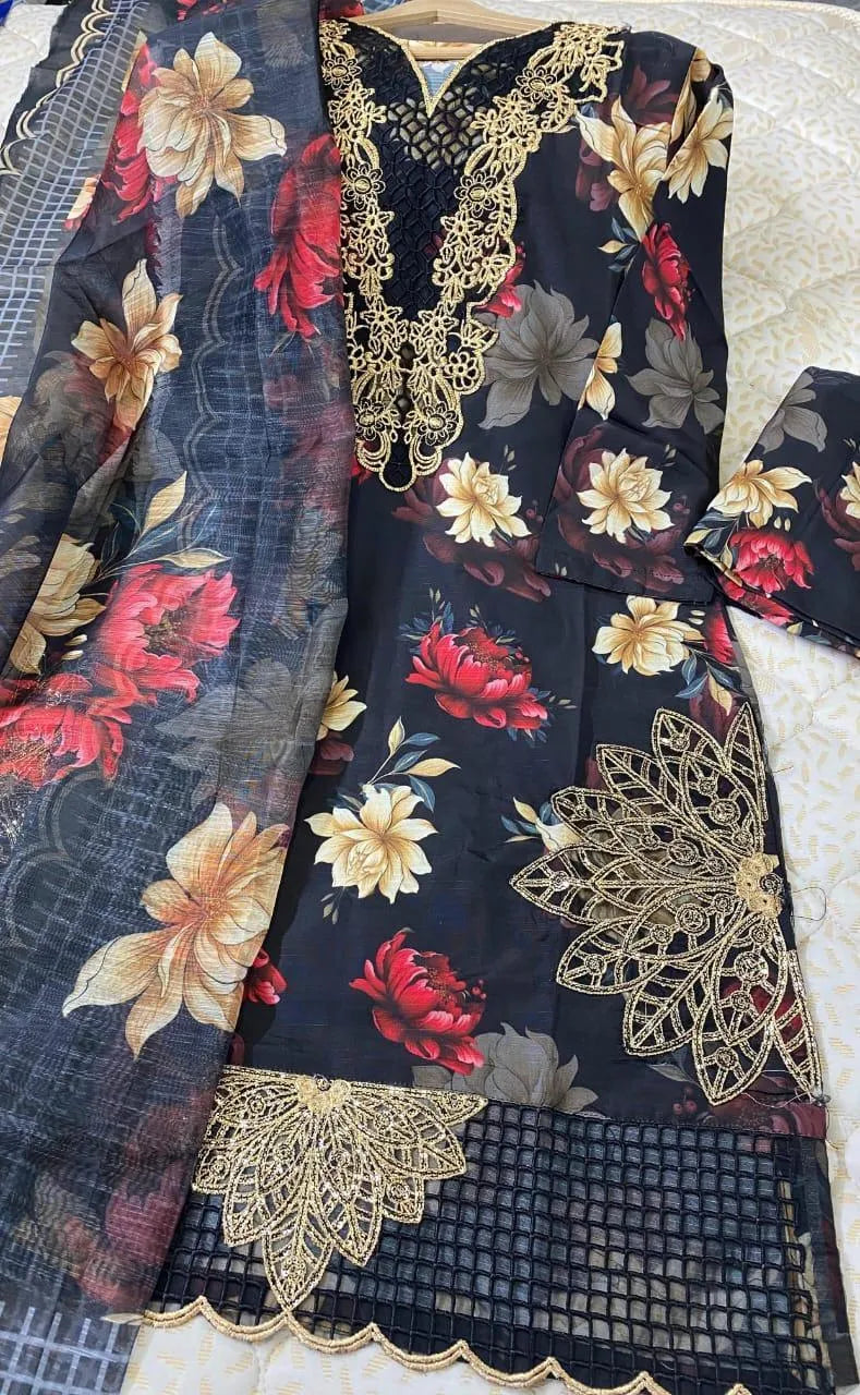 Black Printed Dobby Lawn 3Pcs Women Suit with Chiffon Dupatta