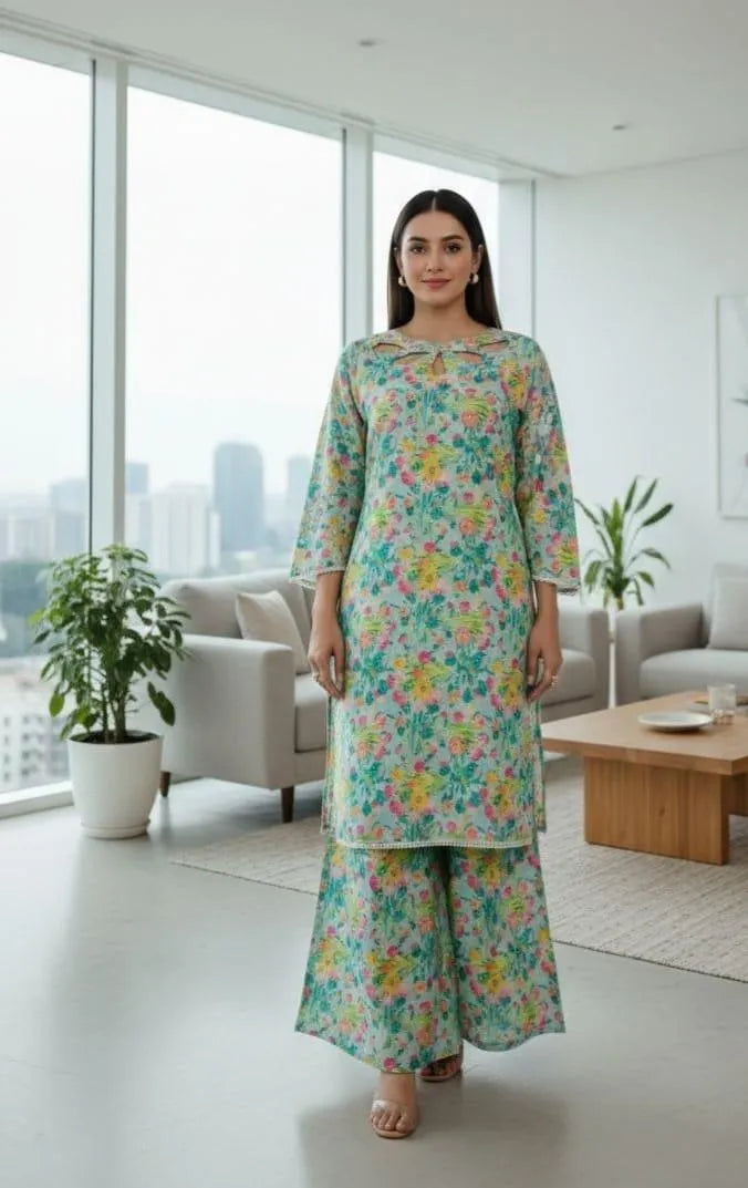 Stitched Lawn Digital Print Shirt And Trouser with Handmade Neck