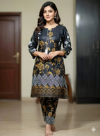 Linen Block Printed Aline Frock And Trouser