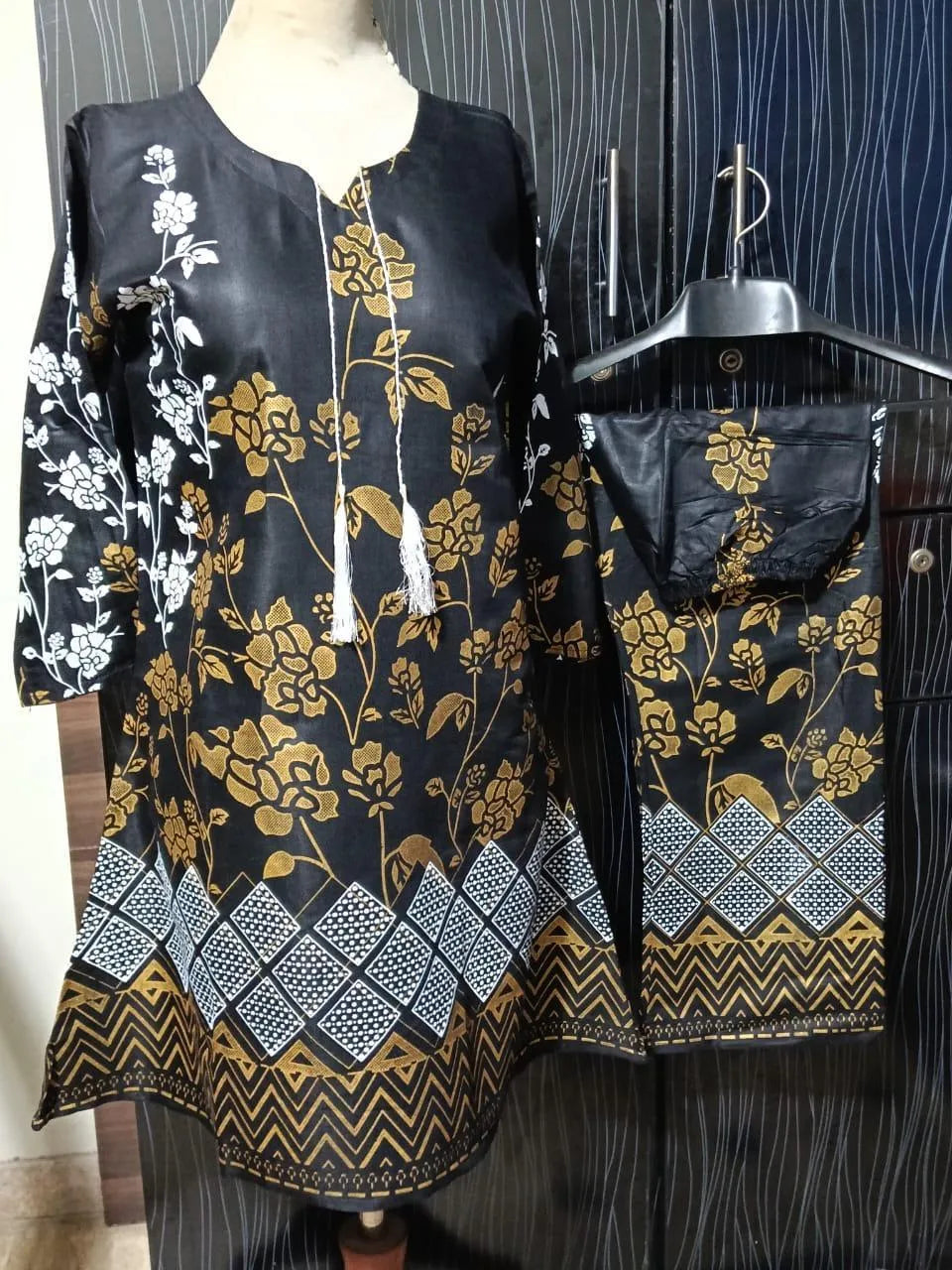 Linen Block Printed Aline Frock And Trouser