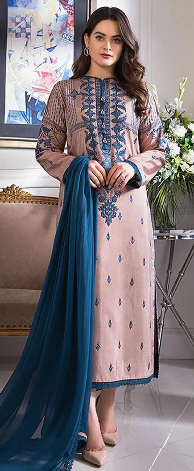 3 Pcs Women's Embroidered Lawn Suit Pink with Blue Dupatta for Eid