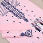 3 Pcs Women's Embroidered Lawn Suit Pink with Blue Dupatta for Eid