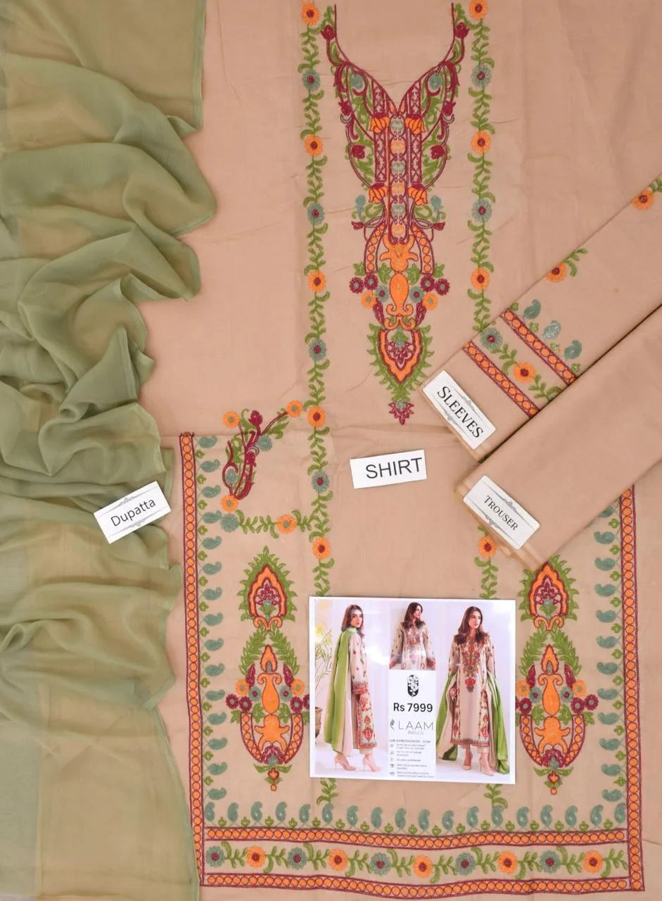 Beige Embroidered Women's 3 Pcs Lawn Suit Set