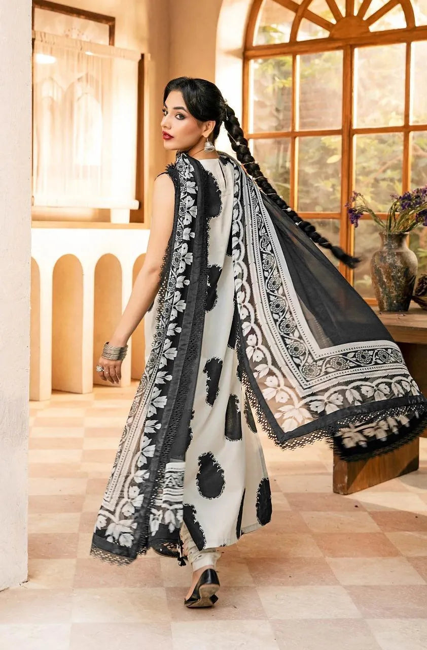 Women's 3 Pcs Printed Karandi Suit Off White
