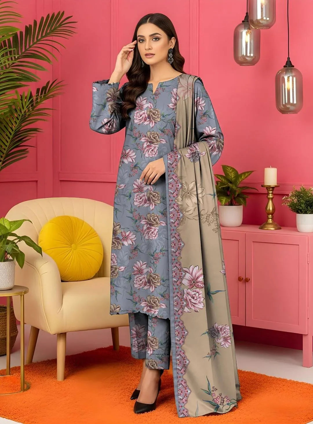 Women's 3 Pcs Grey Floral Lawn Suit