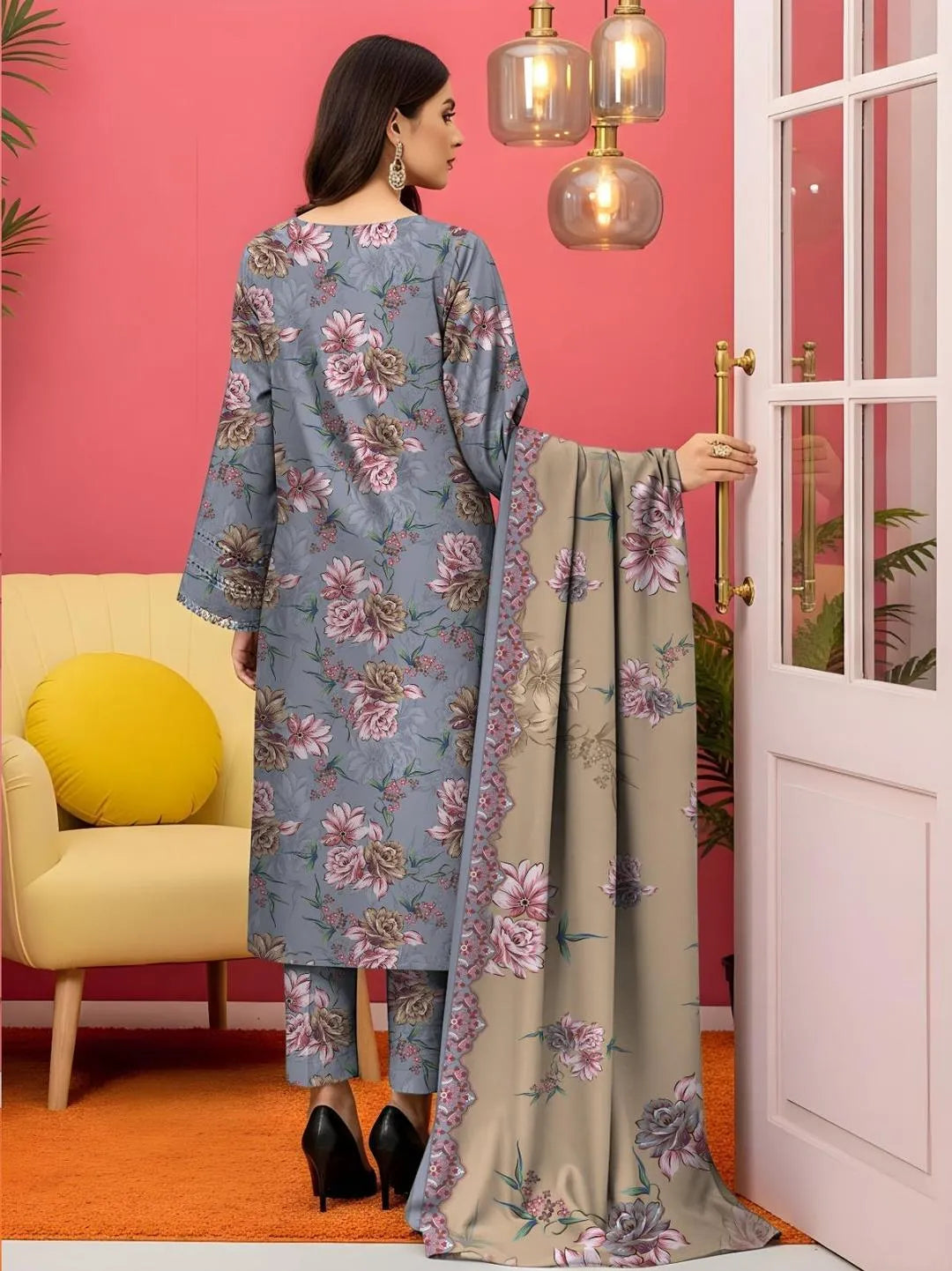 Women's 3 Pcs Grey Floral Lawn Suit
