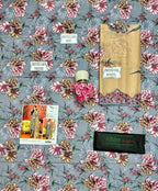 Women's 3 Pcs Grey Floral Lawn Suit