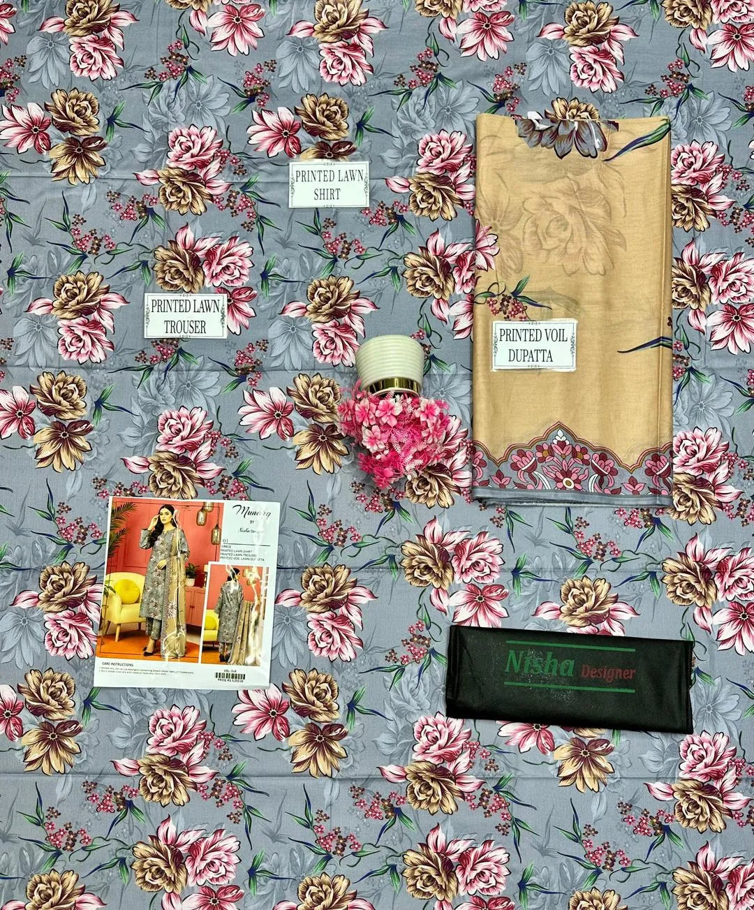 Women's 3 Pcs Grey Floral Lawn Suit